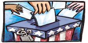 Illustration of voters putting ballots into ballot box