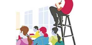 Illustration of a crowded class with student using ladder for seat