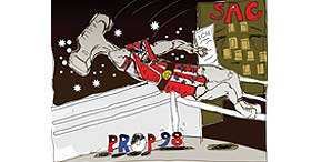 Animated illustration of a mean hammer slamming on PROP 98