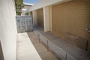 Empty alley between buildings on SAC campus.