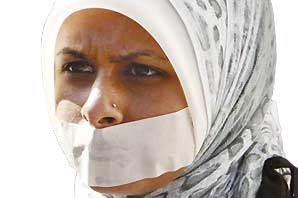 A muslim woman with headdress and mouth taped shut.