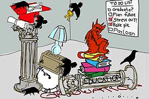 An illustration with a fallen pillar labeled EDUCATION fallen on the ground, several black birds picking on books and graduation cap and certificate, a broken clock with hands stopped at just before midnight, a devilish looking red monkey sitting on top of a pile of text book, and a To-do list with Stress-out and Bake pie checked off but graduation and plan future unchecked.