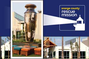 The sculptured statue about the height of the Mission's building, in the shape of a vase with floating images of body parts around it. At the back is the logo of Orange County Rescue Mission and front view of its building.