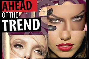 A montage with Ahead-of-the-Trend heading and photos including lipstick, eye shadows, mascara, and close up shots of model face parts.