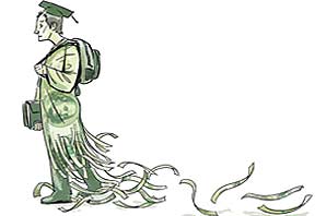 Illustration of a student in graduation gown made with print of $50 currency shredding at the bottom of gown.