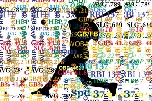 A black silhouette of baseball player bombarded with stats in multiple color text.