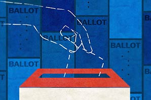 Illustration of a dotted outline of hand same color as a blue background, casting ballot into ballot box.