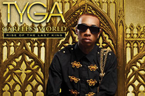 Golden color Tyga's Careless World CD cover where Tyga wearing shades and dressed in black uniform like outfit with golden Chinese embroidered buttons, sitting on a king throne like golden chair.