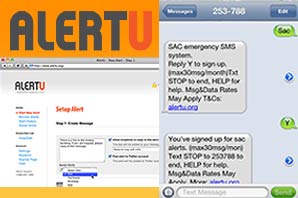 A montage combining Alert-U logo and screenshots of the application as displaced on internet browser and cell phone screens.