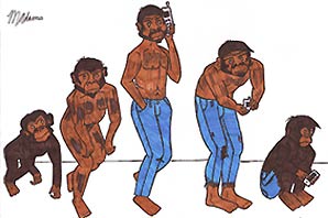 Illustrations of five stages of evolution of monkey to man and back to monkey: First the monkey craw on this four limbs, then evolved to standing on its two legs with less hair on its body, then further evolved to a man wearing jean and holding a cellular phone, then further evolved with his back hunched back and holding a small mobile device, eventually evolving back to a monkey wearing jean and holding a smart phone.