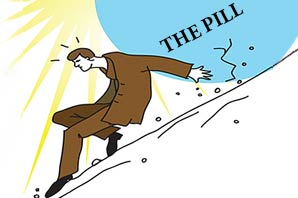 Illustration of a man on a hill struggling to keep a giant pill from rolling down the slope.