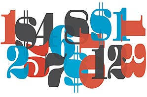 An illustration of Dollar signs, and different numbers in varied colors and random positions.