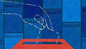 Illustration of a dotted outline of hand same color as a blue background, casting ballot into ballot box.