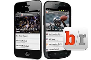 A montage with red and grey logo of Bleacher Report, two side by side photo of cell phones displaying sporting events streaming through Team Stream app.