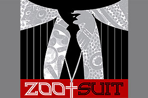 An illustration of Zoot Suit broadway with text of ZOOT-SUIT in red background and a black man wearing white suit with pin stripped, cross pendant, grey patterned shirt, and black hat.