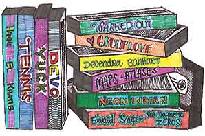 Illustration of randomly stacked tape titles such as WASHOUT, DEVO, YUCK, NEON INDIAN, and so on.