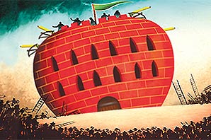 An illustration of a red brick castle in the shape of an apple guarded by several guards with big arrows surrounded by a big mass of people and some of them try to get up to the castle with ladders.