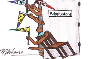 An illustration where a chair is blocking the Admissions door while many hands struggle to push open the door. Some hands are holding flag of colleges such as FCC, SAC, IVC, SCC, and GWC.