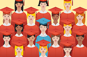 Illustration of several rows of students in graduation red or blue graduation outfits.