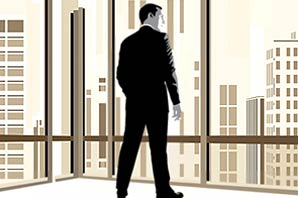 Illustration of a scene of TV series Mad-men with Don Drapper standing and looking at scenic view of skyscrapers outside his office window.