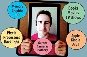 elDon's Staff member Marcus Leppo holding up his iPad with his own photo on the iPad screen. The following bubbles of text surround him reads (1) Memory Graphics HD, (2) Books Movies TV-shows (3) Game Camera Battery (4) Pixels Processors Backlight (5) Apple Kindle Asus.