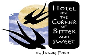 Illustration of sihoulette of two birds flying in the sky with a full moon. On the right side of the illustration is the title of the book "HOTEL ON THE CORNER OF BITTER AND SWEET" and "BY JAMIE FORD".