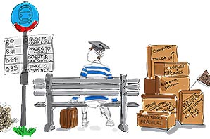 Illustration of a student wearing a graduation hat sitting at a bus stop bench with all his belonging packed in boxes.