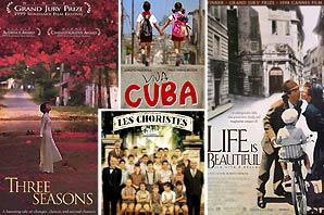 A montage with DVD/VHF covers of the four International movies (1) Three Seasons, (2) Viva Cuba, (3) Les Choristes and (4) Life is Beautiful.