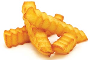 A serving of crinkled cut golden french fries