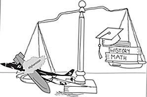 Illustration of an unbalanced scale; the tipped up side of scale holds a graduation cap sitting on top of a History and Math books, while the tipped down side of the scale holds a fighting jet, a giant missile, and the map of Afghanistan.