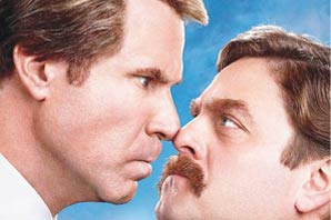 Actor Will Ferrell and Sach Galifianakis touching nose-to-nose and angrily starring at each other.