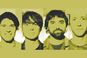 A black and yellowish tone montage of facial portrait of Animal Collective band members at four corners.