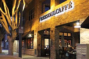 The outside view of the Freesoulcaffé restaurant with different tone of yellow and brown bricks wall and glass window, outside on the sidewalk are a row of full grown trees with artistically looking strong stems and branches.