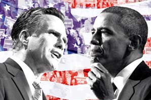 A photo montage with black-and-white photo of Mitt Romney on the left side facing President Barack Obama on the right side. The background are blue and red images of people carrying political banners and signs. Several big white horizontal bars run across the blue and red images.