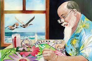 An illustration of Wes Schaffner wearing his reading glasses and wearing a bright shirt with tropical print of yellow and green goilage with strong sky blue background, sitting in front of a desk by the window painting. The window is a view of the ocean with two big birds flying by. Jars of colored liquid and water paint tray lay on the desk while Wes is re-creating a water painting of a photo with colorful flowers and green foliage.