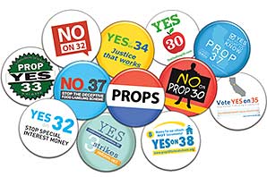 A montage with proposition related button pins, in the center is the pin title PROPS between red and blue bar; it is surrounded by YES and NO on proposition numbers.