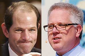 A side by side portrait with Eliot Spitzer on the left side, makes a face as he crosses his hands in frustration during a hearing in 2003 while Glenn Beck, on the right side, speaks at a ceremony unveiling the new Martin Luther King Jr. monument last year.