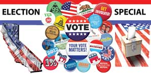 An illustration montage. On the top is a red-and-blue banner with heading reading ELECTION SPECIAL, on the left, a map of California combined with map of America and fifty dollar bills, on the right, a ballot box, and in the center, a big display of politically related pin buttons such as VOTE, 99%, 1%, 2012, Tea Party, Democratic and Republican party logos, etc.