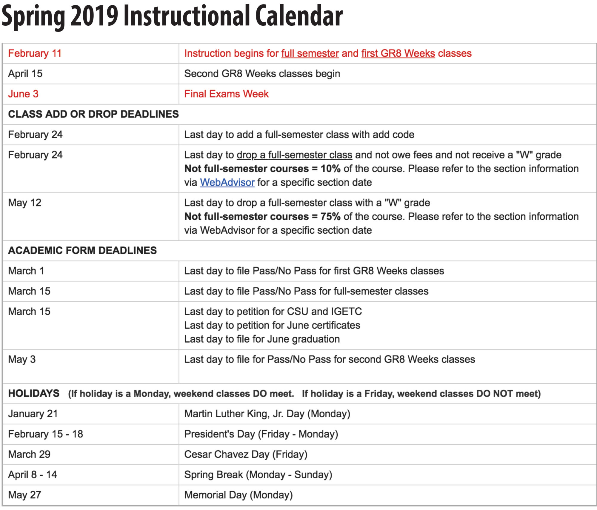 Spring 2019 Important Academic Calendar Dates el Don News