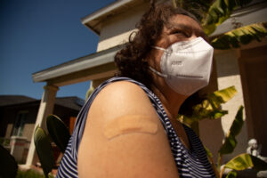 Image of Librada Leopo's bandage from Covid-19 Vaccine/ Image by: Julie Leopo