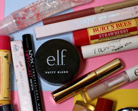 Various products are spread out, including e.l.f, Burt's Bees, ColourPop and NYX.