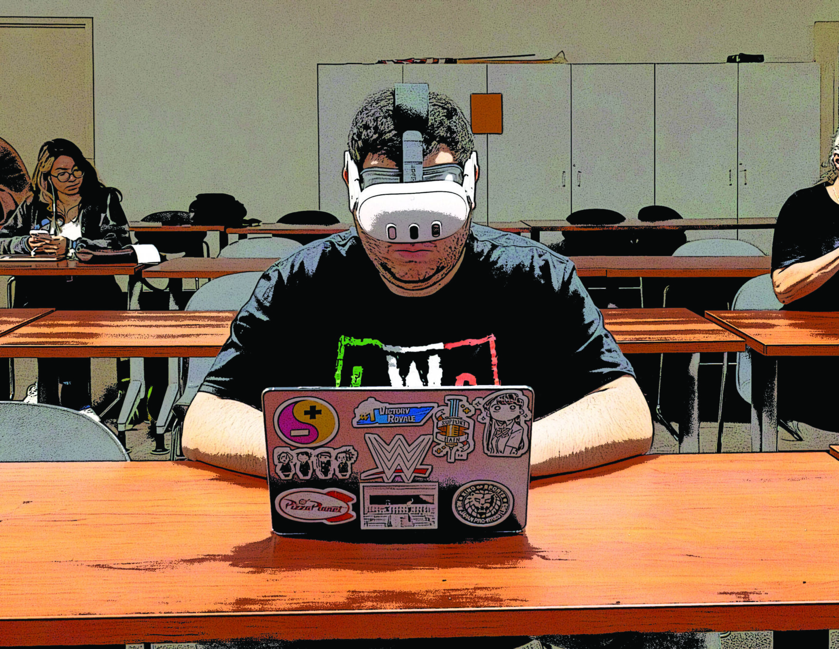 A student using a VR headset in class
