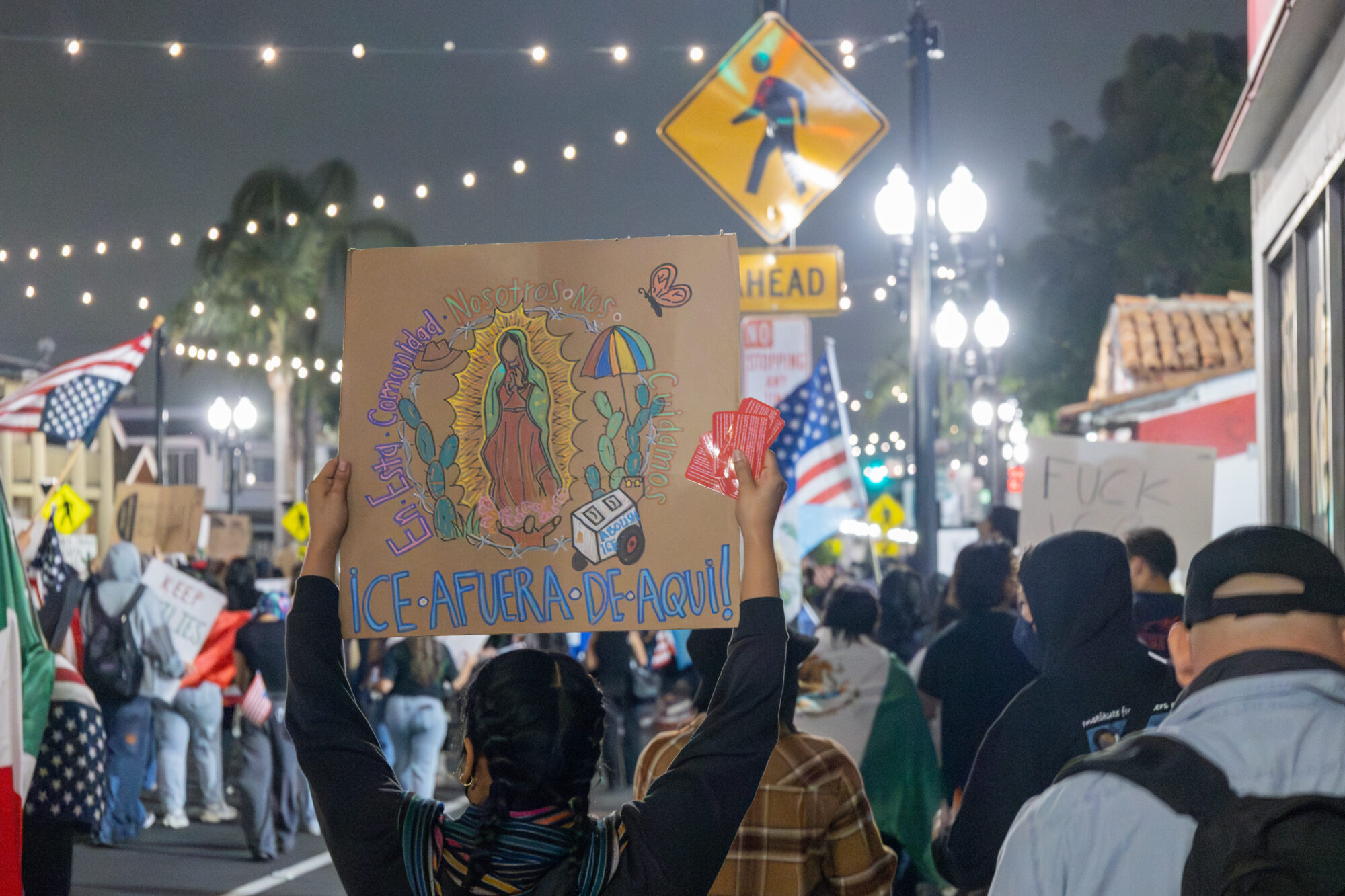 Protesters marching down main street