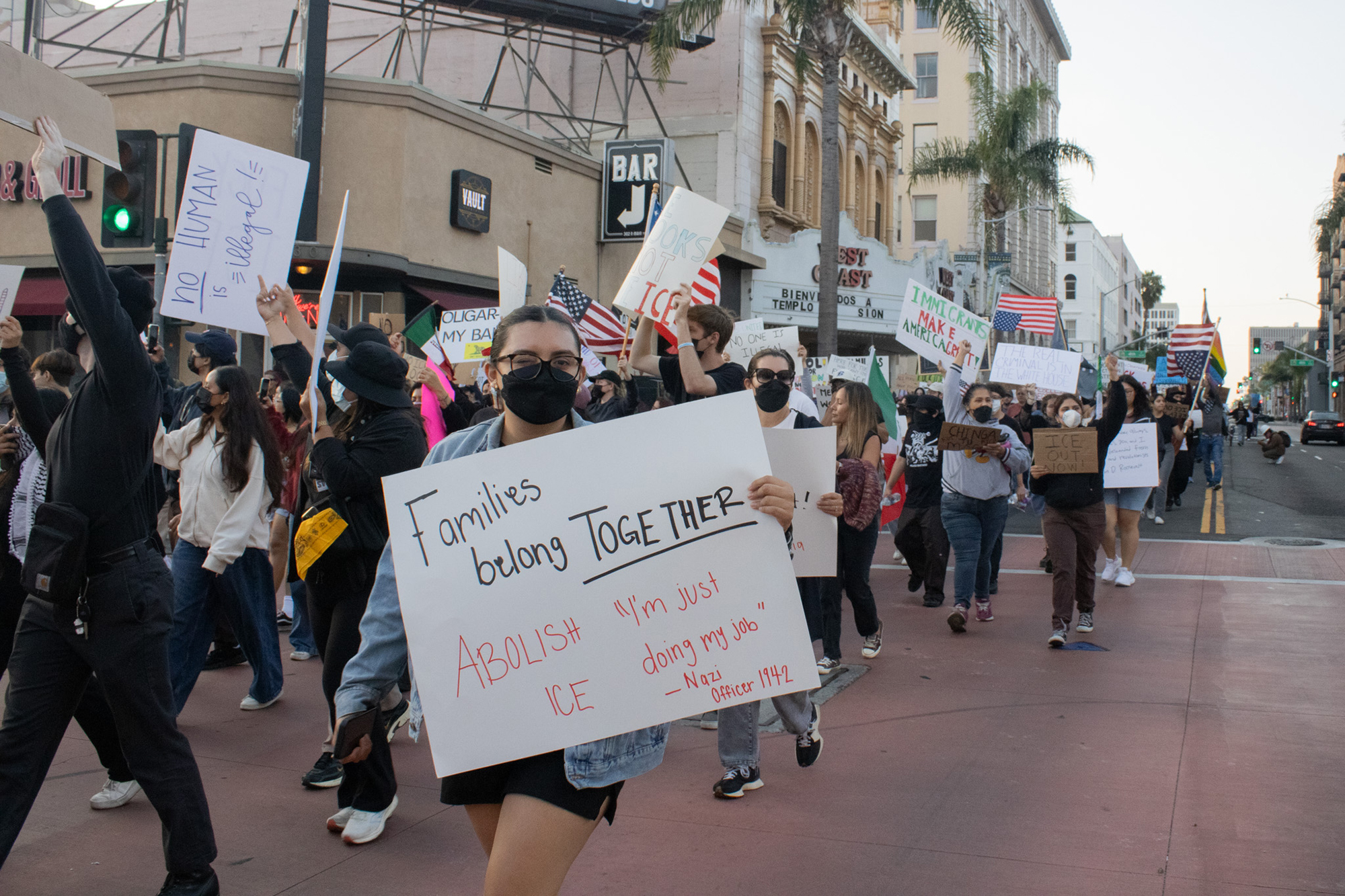 Protesters marching down main street
