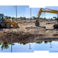 A collage of construction photos with excavators in dirt lots