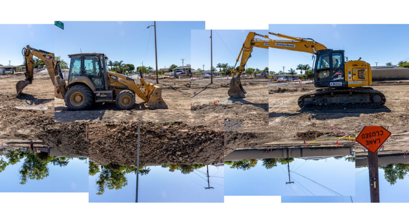 A collage of construction photos with excavators in dirt lots