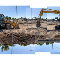 A collage of construction photos with excavators in dirt lots