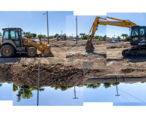 A collage of construction photos with excavators in dirt lots